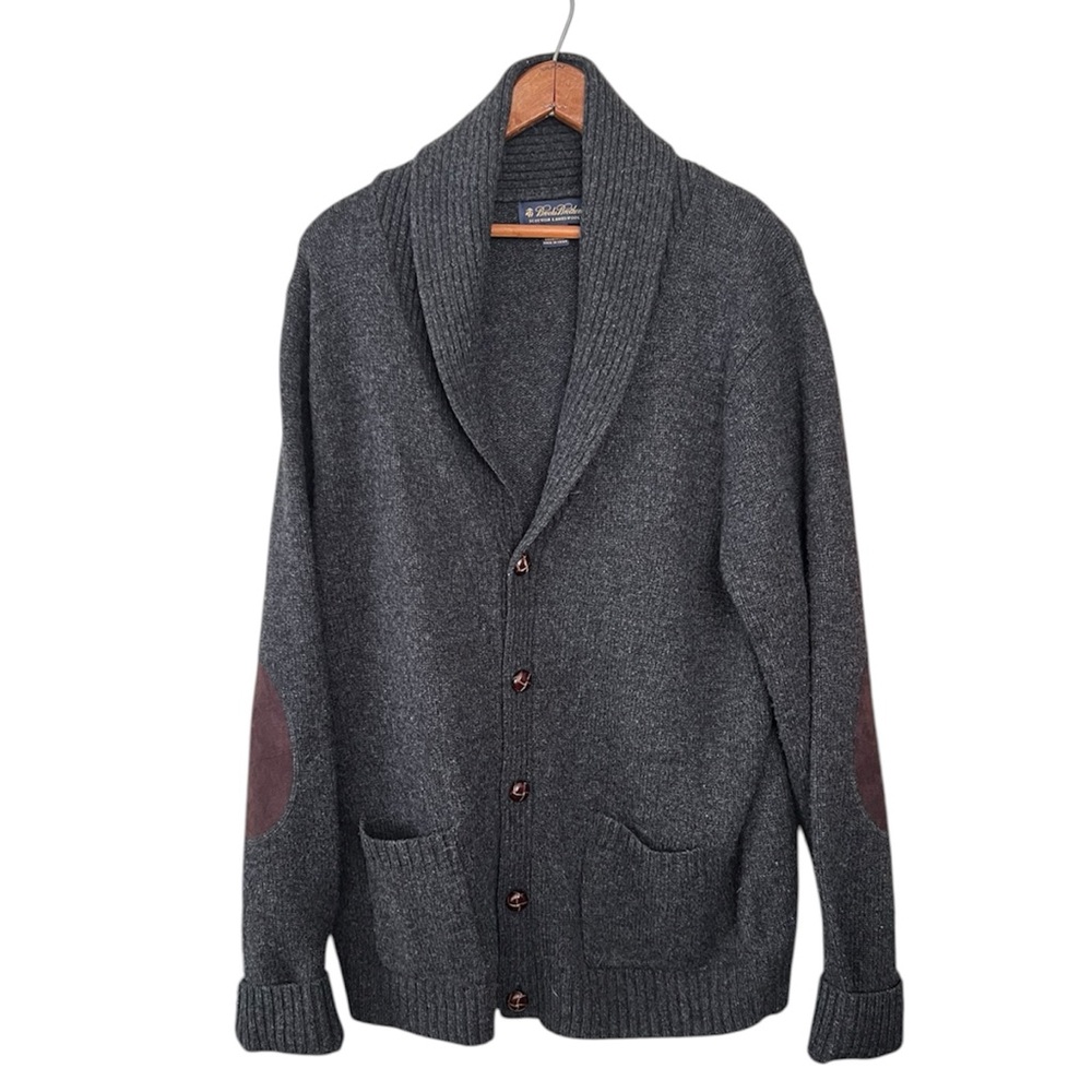 Brooks Brother gray 100% lambs wool mens cardigan sweater size XL elbow patch